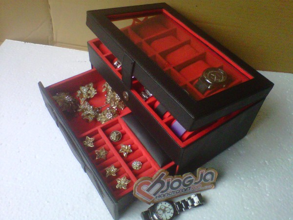 Box Jam Isi 12 Plus Laci Tempat Perhiasan Merah Hitam