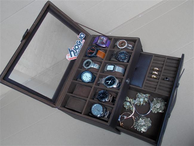 Full Dark Brown Watch Box Organizer Isi 12 Mix Accesories Drawer