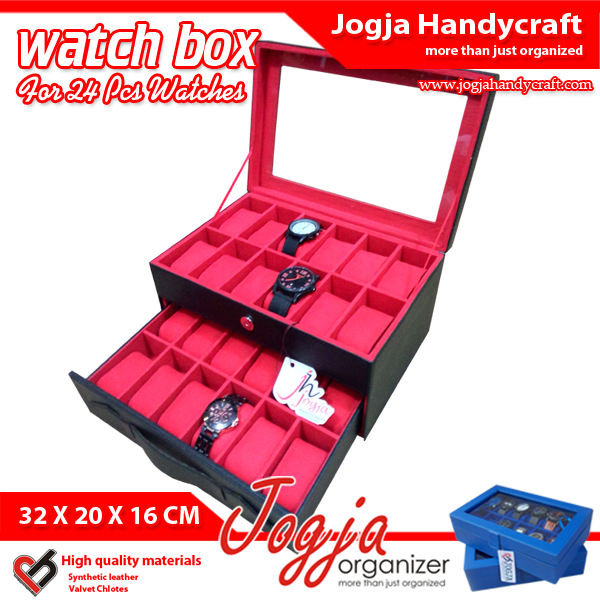 Kotak Tempat Jam Tangan Isi 24 Hitam Dalam Merah – Watch Box Organizer
