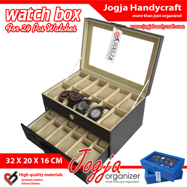 Kotak Tempat Jam Isi 24 Hitam Dalam Cream – Watch Box Organizer