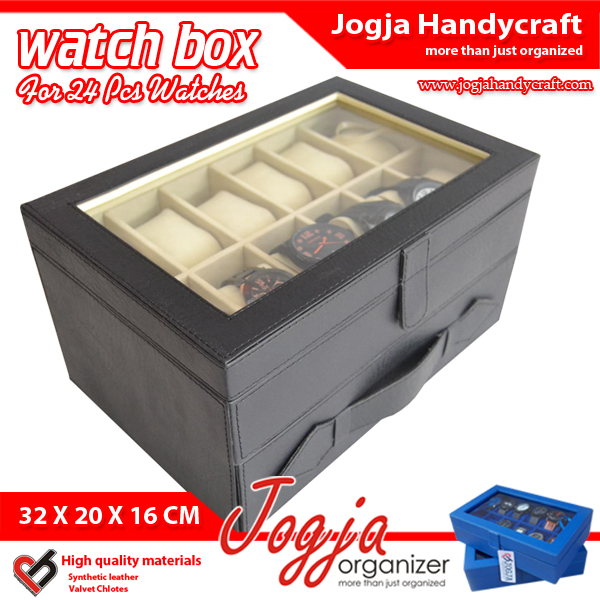 Kotak Tempat Jam Isi 24 Hitam Dalam Cream – Watch Box Organizer