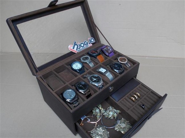 Full Dark Brown Watch Box Organizer Isi 12 Mix Accesories Drawer