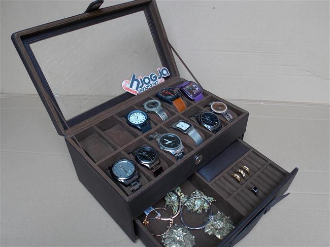 Full Dark Brown Watch Box Organizer Isi 12 Mix Accesories Drawer