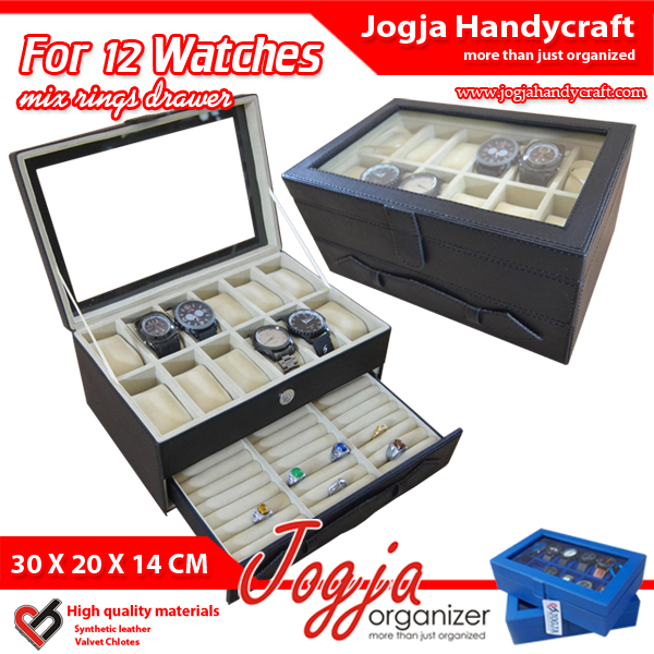 Exclusive Tempat Jam Isi 12 Kombinasi Laci Tempat Cincin - Hitam Cream