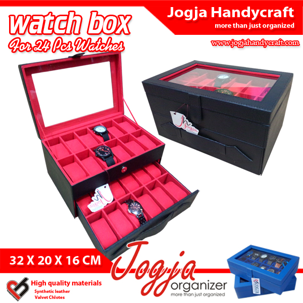 Kotak Tempat Jam Tangan Isi 24 Hitam Dalam Merah – Watch Box Organizer