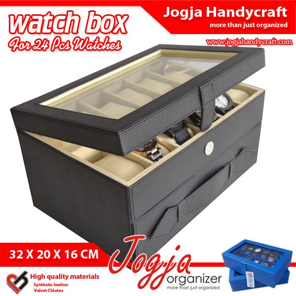 Kotak Tempat Jam Isi 24 Hitam Dalam Cream – Watch Box Organizer