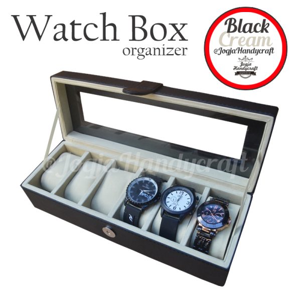 Black Cream Watch Box Organizer / Kotak Tempat Jam Tangan Isi 6
