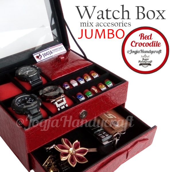 Kotak Jam Tangan Sport mix Tempat Perhiasan Luxury Red Croco 3in1 Susun