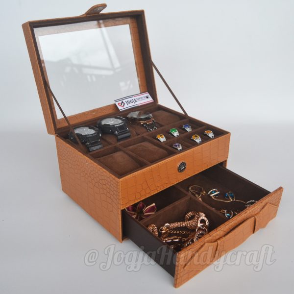Elegan Brown Croco Wacth Box For 6 Sport Watches Mix Accesories Holder