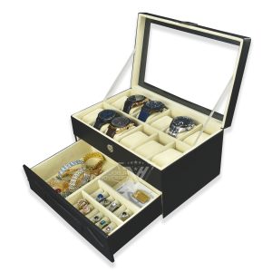 12 Slot Watch Box Mix Accesories Drawer - Kotak Jam Tangan Isi 12 Plus Laci Tempat Perhiasan - Gambar 4